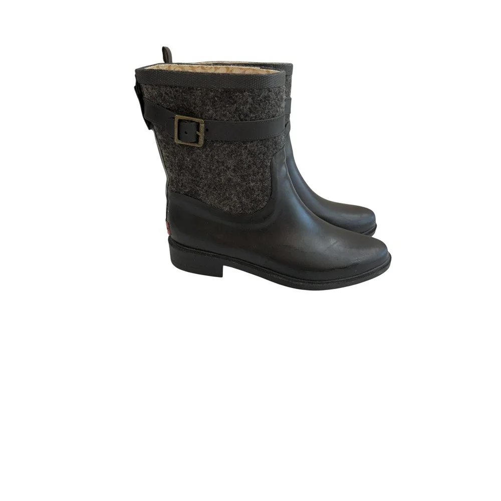 Chooka Herringbone  Rain Boots Womens 8 Black Gray Buckled Fabric Mid 1412603